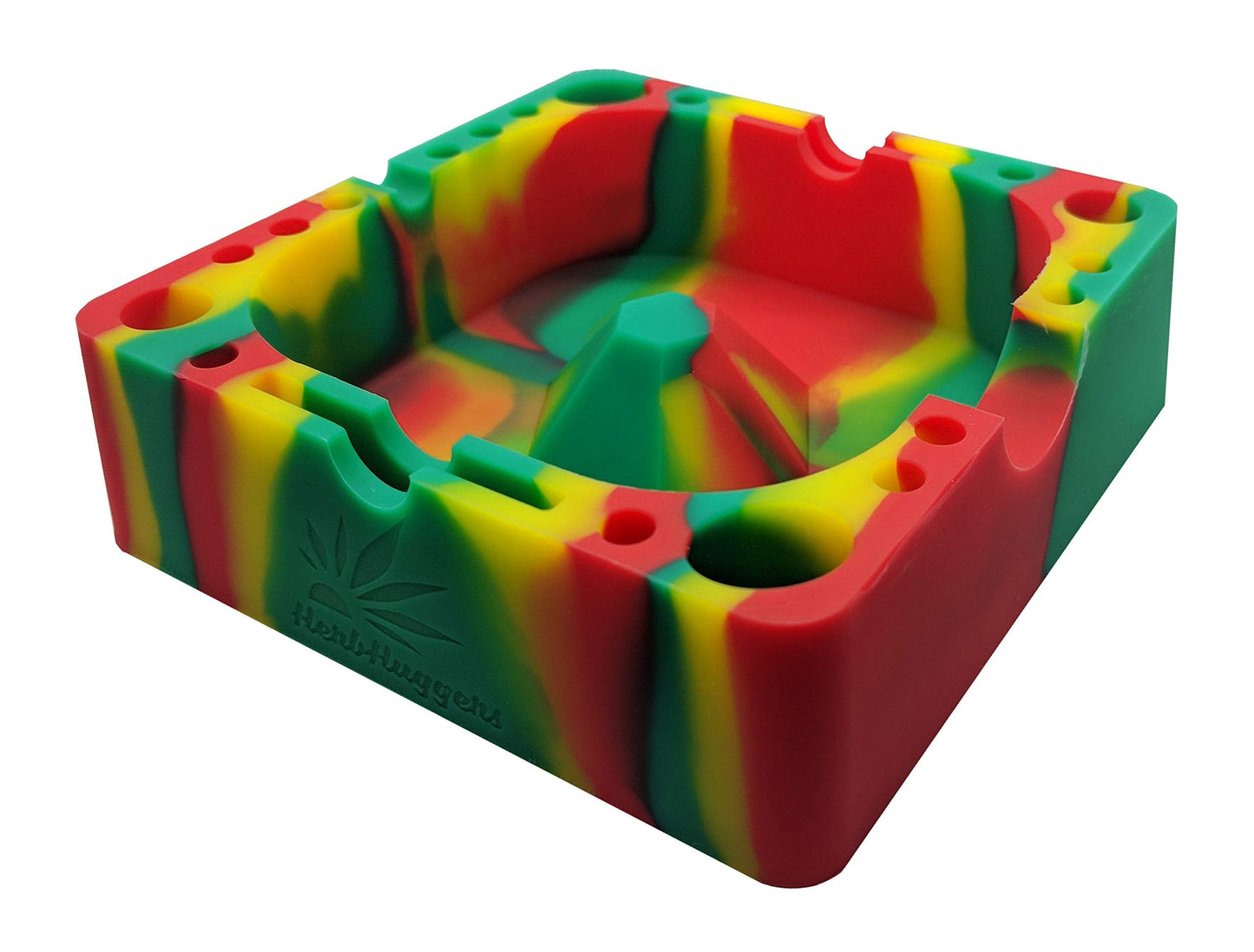 Herbhuggers | Premium Silicone Ashtray Featuring Center Tap Ash and Glassware Clearer with Accessory Organizing Slot Holders Silicone Ashtray ONE Rasta (Red