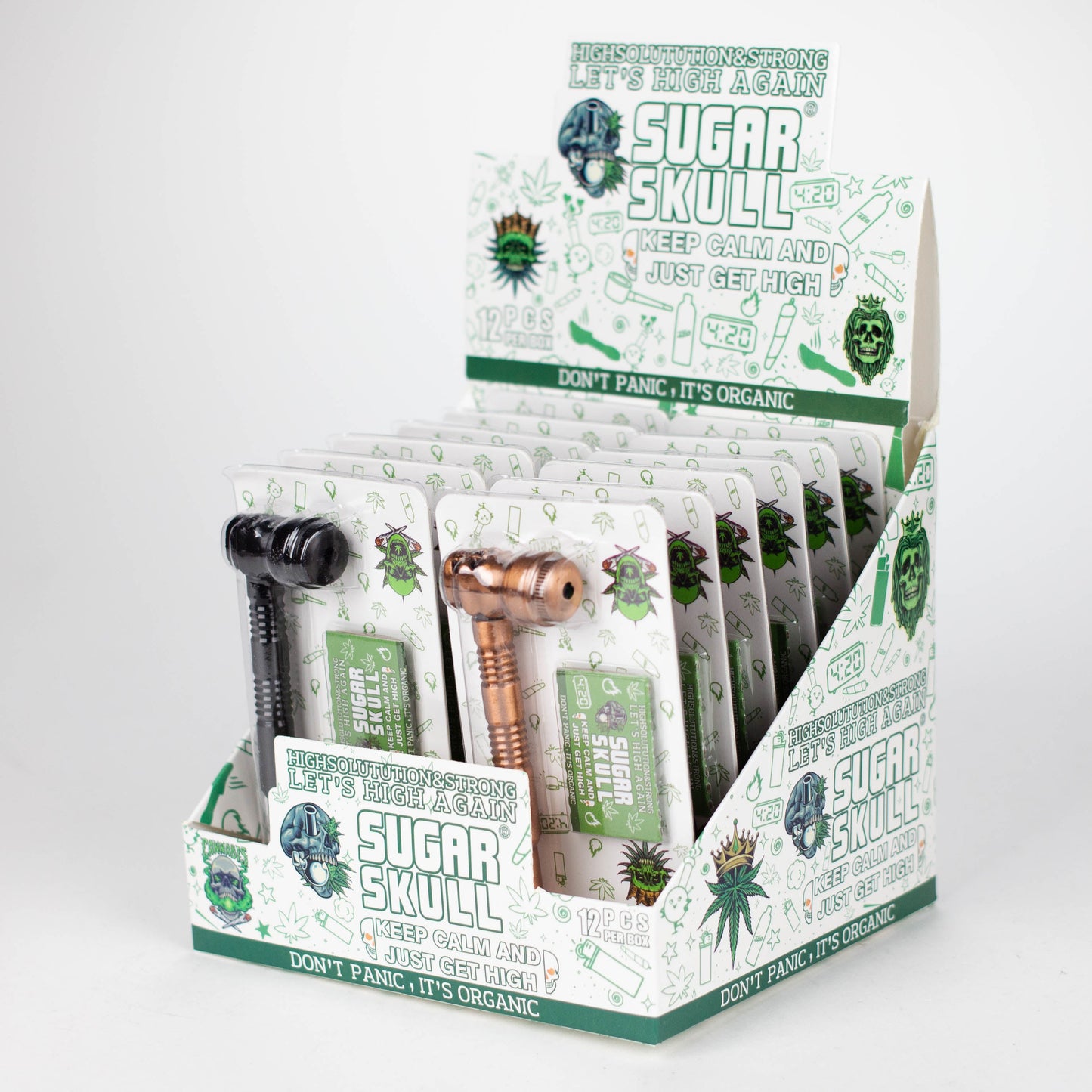 Sugar Skull | Super Slim Metal Pipe With Screen Extra Long Box Of 12 Metal Pipe 777 Smoke