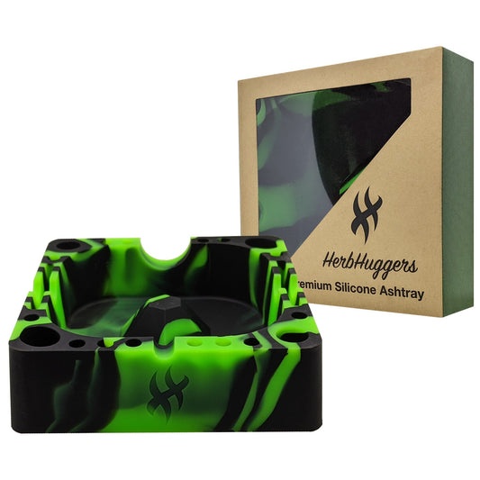 Herbhuggers | Premium Silicone Ashtray Featuring Center Tap Ash and Glassware Clearer with Accessory Organizing Slot Holders Silicone Ashtray ONE Radioactive (Black