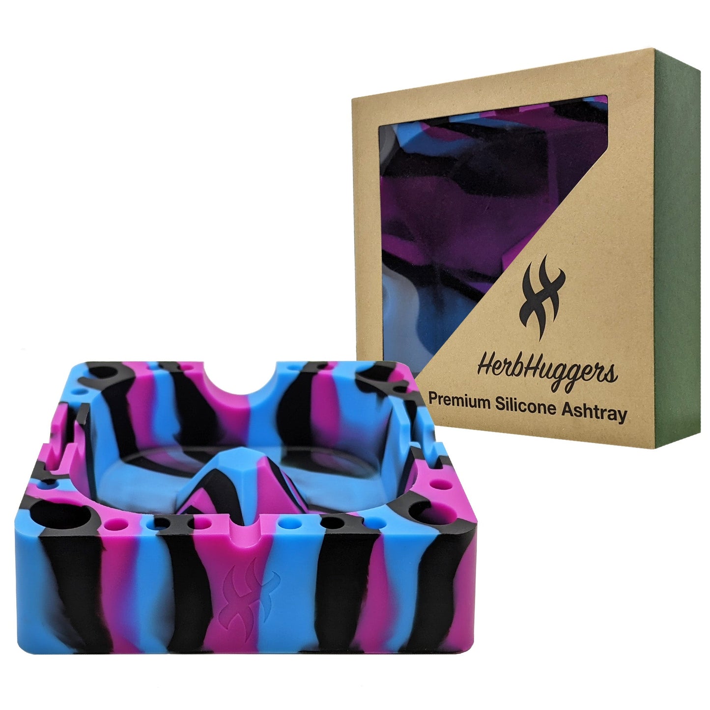 Herbhuggers | Premium Silicone Ashtray Featuring Center Tap Ash and Glassware Clearer with Accessory Organizing Slot Holders Silicone Ashtray ONE Cosmos (Blue