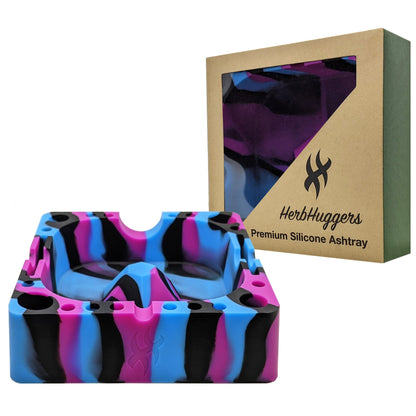 Herbhuggers | Premium Silicone Ashtray Featuring Center Tap Ash and Glassware Clearer with Accessory Organizing Slot Holders Silicone Ashtray ONE Cosmos (Blue