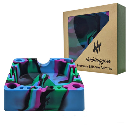 Herbhuggers | Premium Silicone Ashtray Featuring Center Tap Ash and Glassware Clearer with Accessory Organizing Slot Holders Silicone Ashtray ONE Abyss (Blue