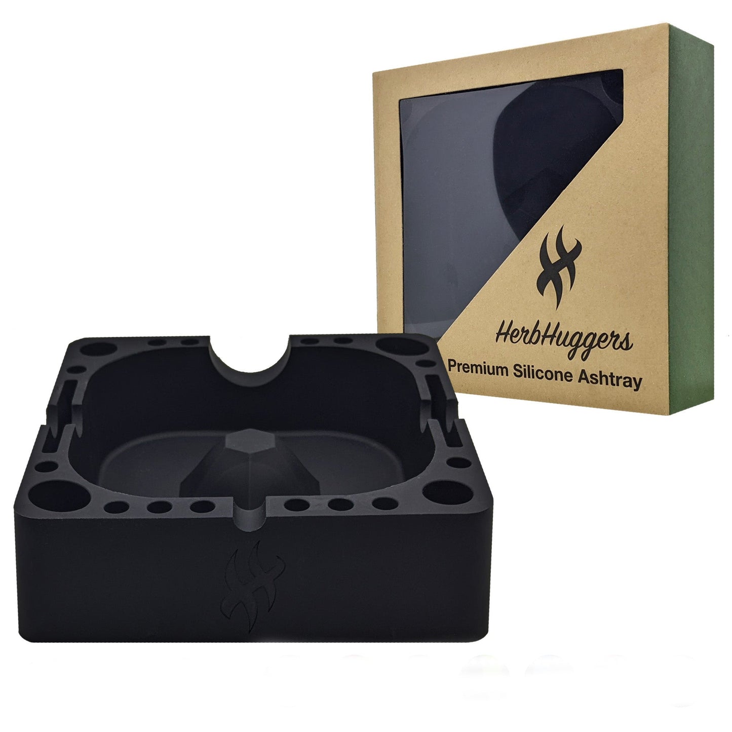 Herbhuggers | Premium Silicone Ashtray Featuring Center Tap Ash and Glassware Clearer with Accessory Organizing Slot Holders Silicone Ashtray ONE Tuxedo (Solid Black)