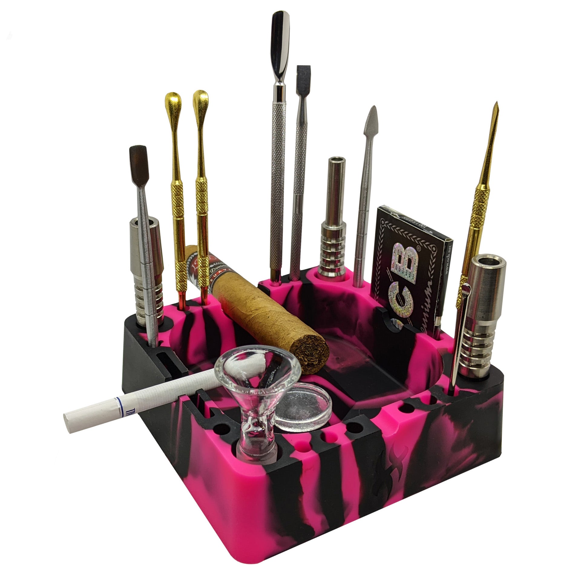 Herbhuggers | Premium Silicone Ashtray Featuring Center Tap Ash and Glassware Clearer with Accessory Organizing Slot Holders Silicone Ashtray ONE