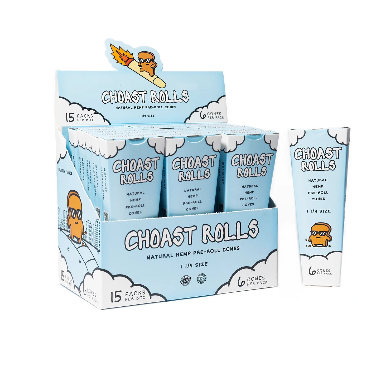 Choast Rolls | 6 Pack 1 1/4 Hemp Cones - 15 Packs Per Box | Made In France Pre-rolled Cone (Display Pack) Choast