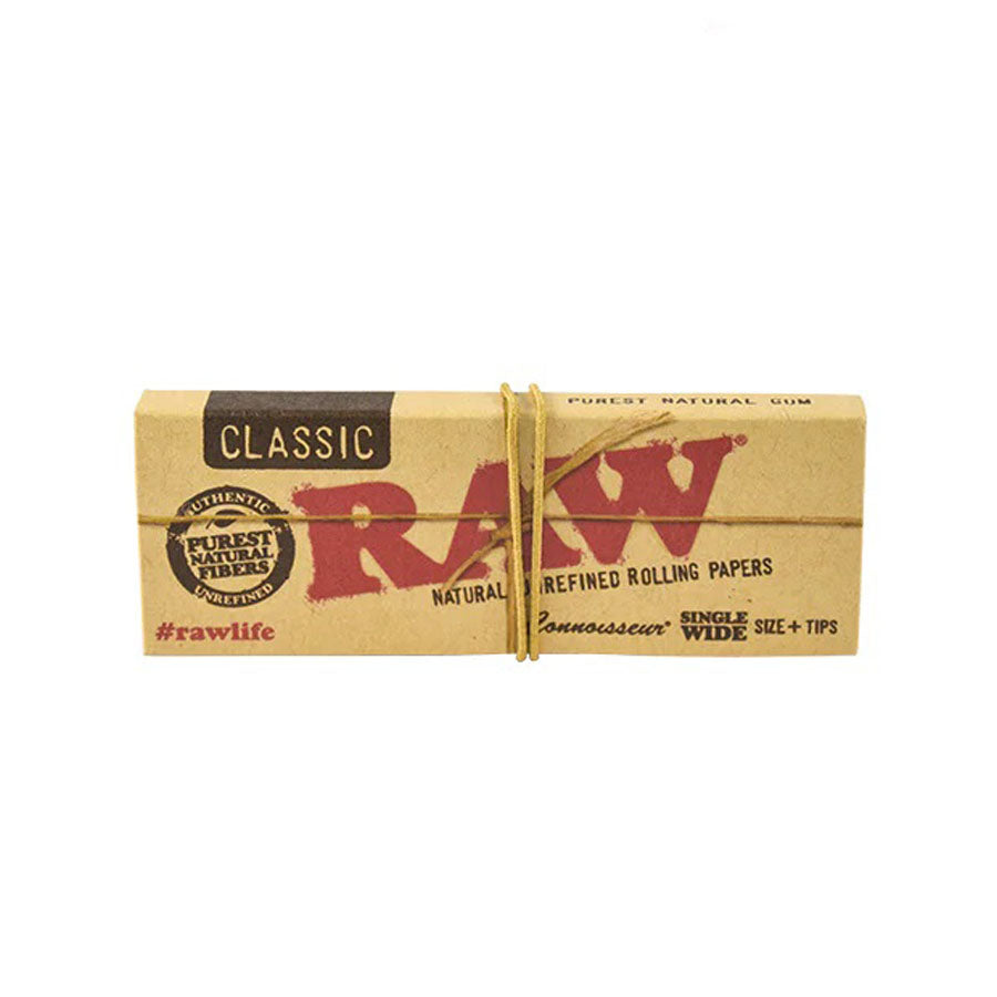 RAW | Classic Connoisseur Single wide Rolling Paper w/Tips - 24 packs Single Wide Size ONE