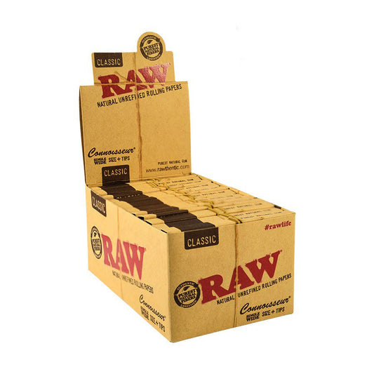 RAW | Classic Connoisseur Single wide Rolling Paper w/Tips - 24 packs Single Wide Size ONE