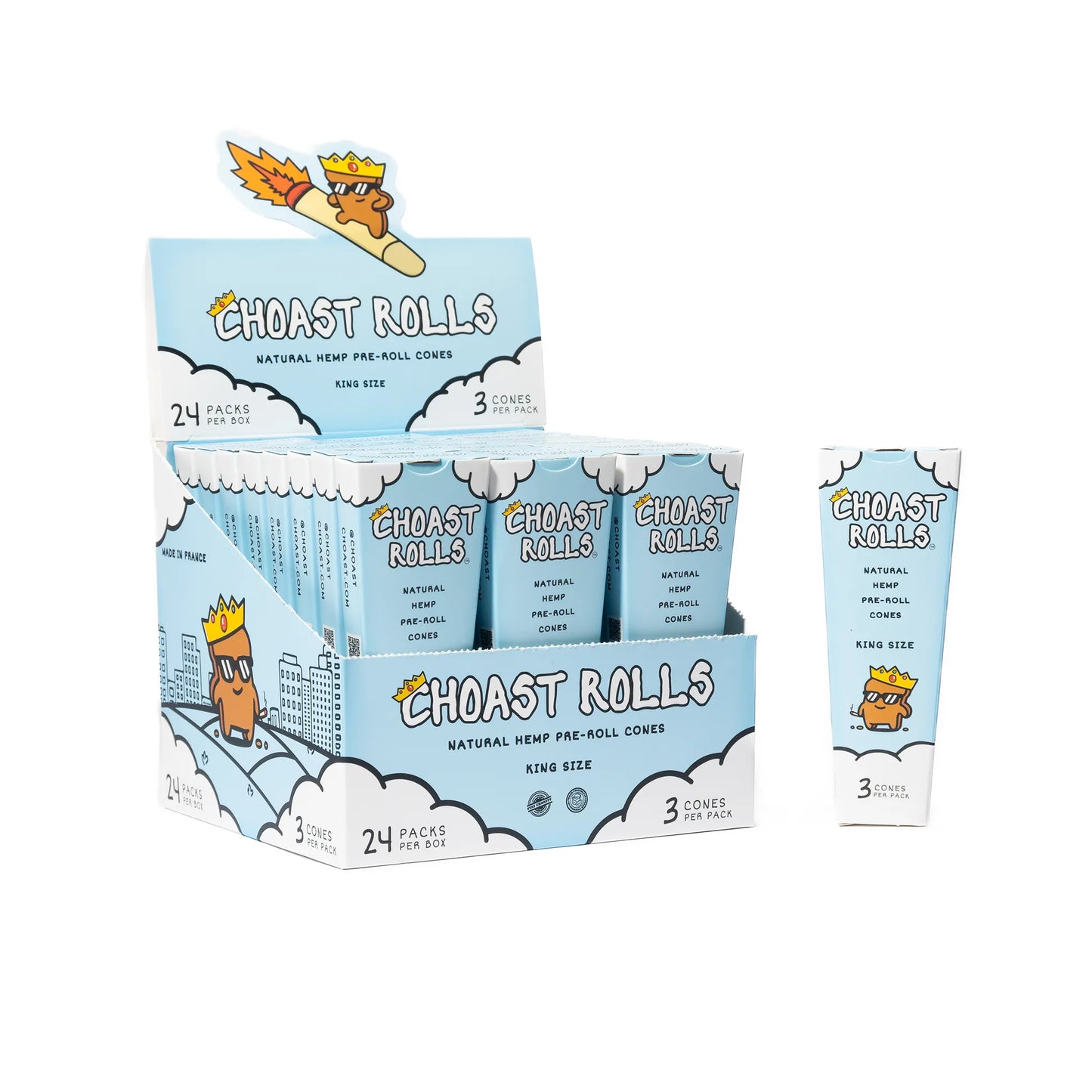 Choast Rolls | 3 Pack King Size Hemp Cones- 24 Packs Per Box | Made in France Pre-rolled Cone (Display Pack) Choast